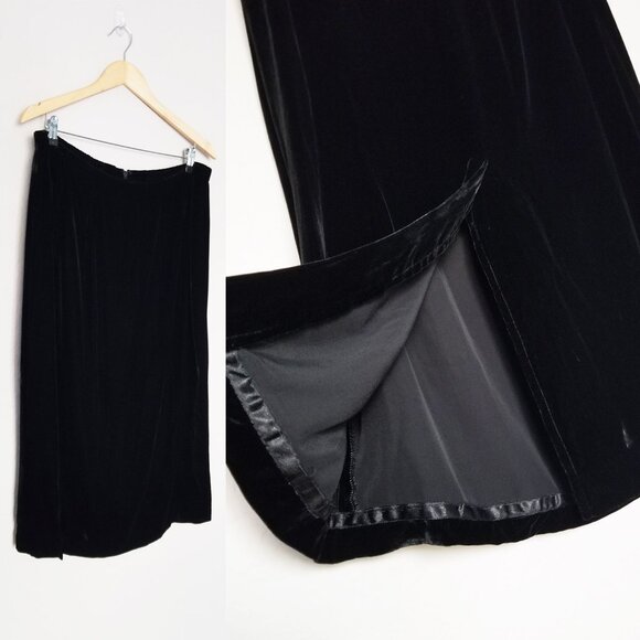 Carole Little Velour Velvet Midi Skirt 14W Silk Blend Black Elastic Waist Slited - Picture 1 of 14